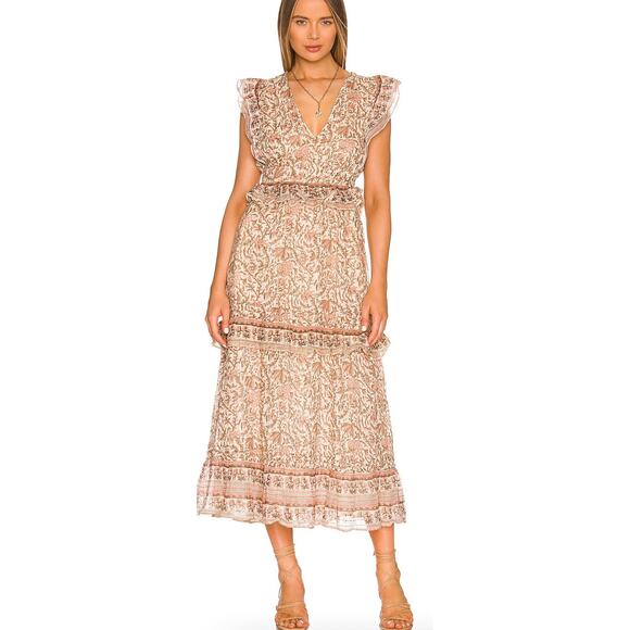 Cleobella Cherie Ankle Pink Brown Tiered Midi Dainty Ruffle dress zinnia Large - Picture 1 of 6